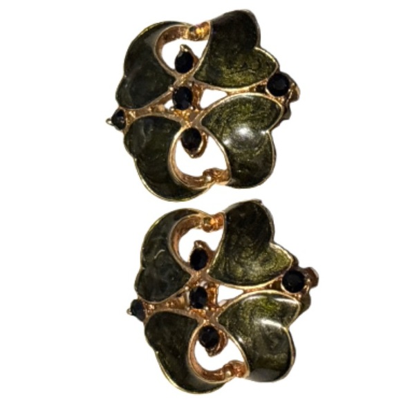 Vintage Gold & Black Enamel Earrings With Rhinestones - Picture 9 of 10